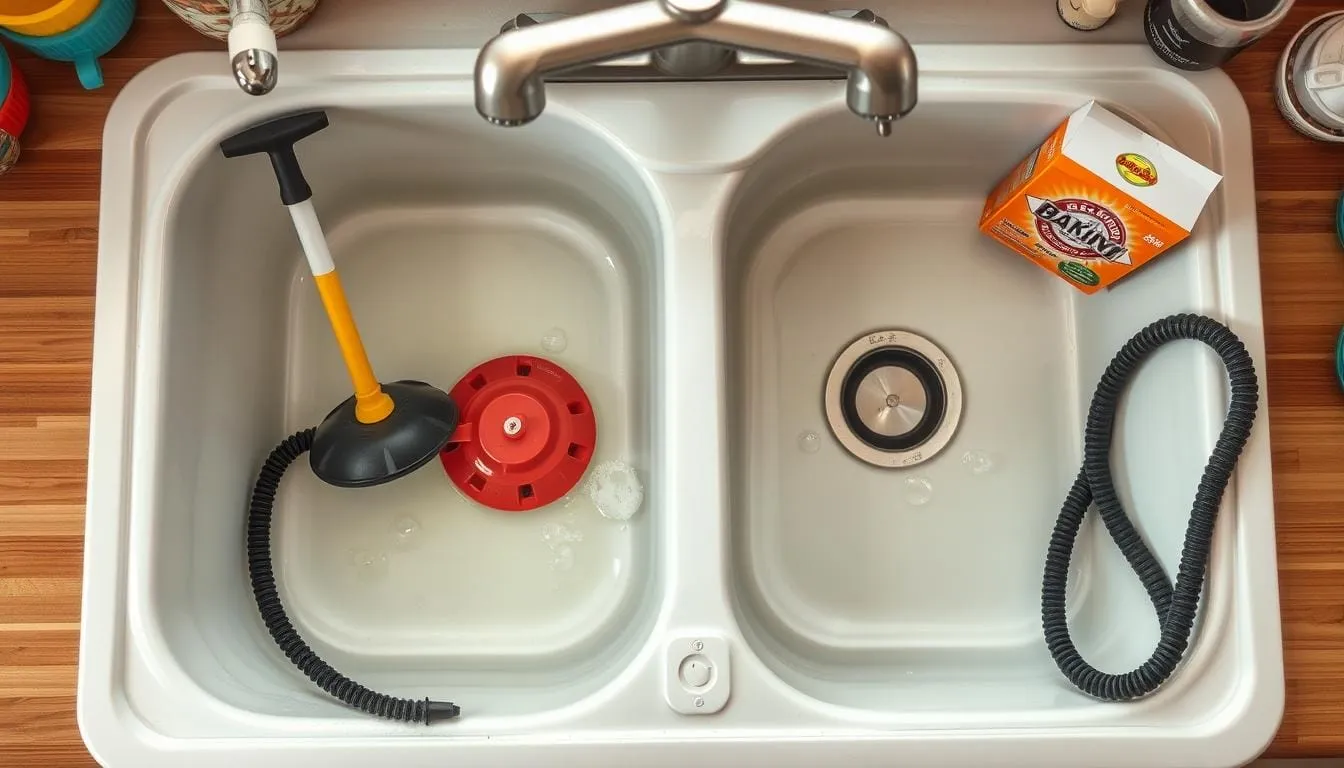 how to unclog a double kitchen sink with standing water