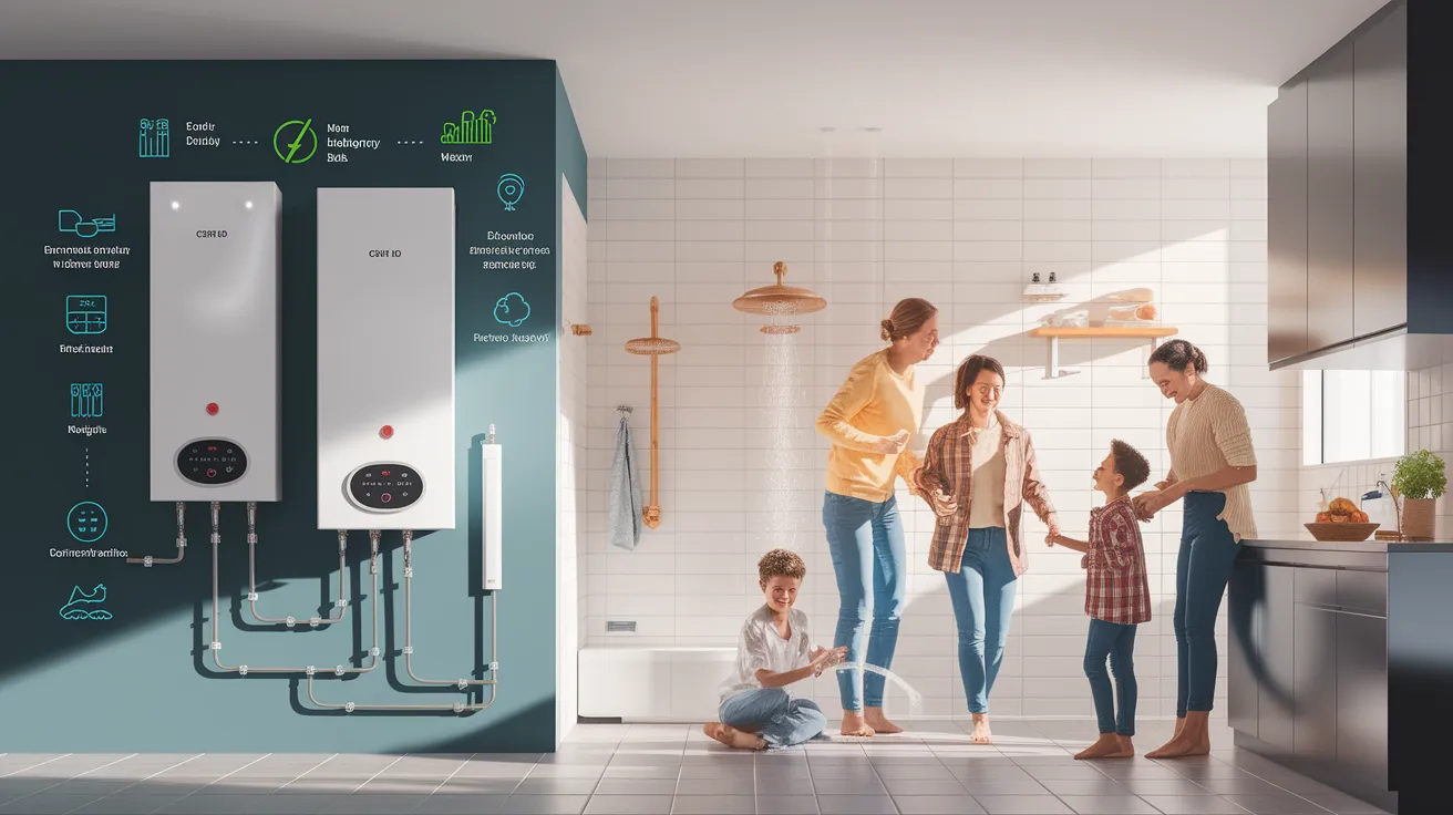 A conceptual illustration representing Benefits of Going Tankless. Visualize the main ideas: . Creative but clear representation of the concept. Style: photorealistic. high quality, detailed, professional, clean composition, good lighting, sharp focus, well-composed. high quality, professional, detailed, well-composed